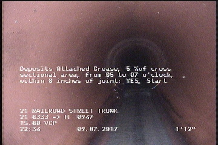 Deposits Attached Grease, 5 %of cross sectional area, from 05 to 07 o'clock, , within 8 inches of joint: YES, Start