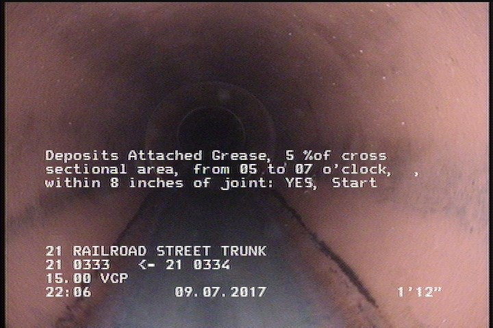 Deposits Attached Grease, 5 %of cross sectional area, from 05 to 07 o'clock, , within 8 inches of joint: YES, Start