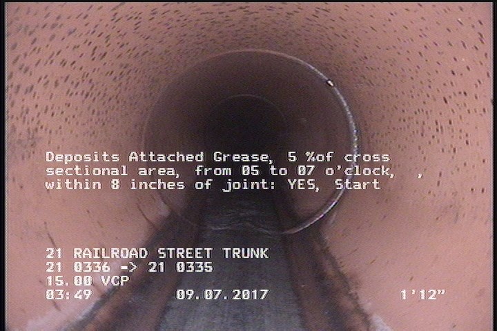Deposits Attached Grease, 5 %of cross sectional area, from 05 to 07 o'clock, , within 8 inches of joint: YES, Start