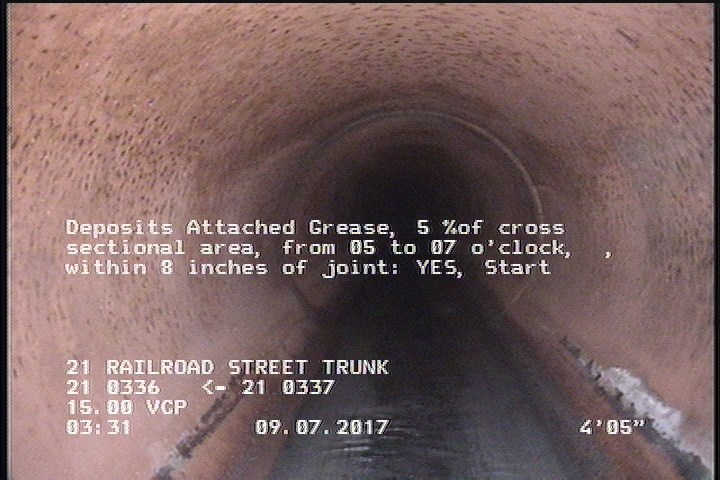 Deposits Attached Grease, 5 %of cross sectional area, from 05 to 07 o'clock, , within 8 inches of joint: YES, Start