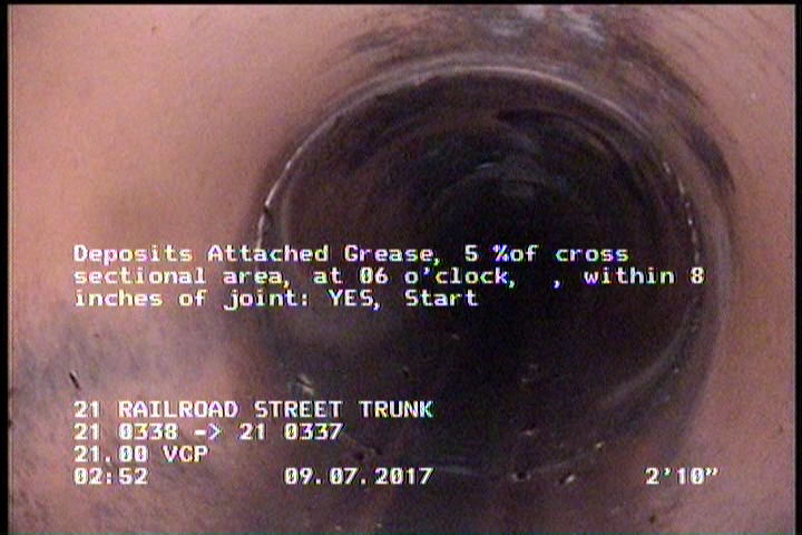 Deposits Attached Grease, 5 %of cross sectional area, at 06 o'clock, , within 8 inches of joint: YES, Start