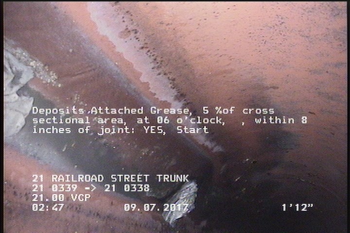Deposits Attached Grease, 5 %of cross sectional area, at 06 o'clock, , within 8 inches of joint: YES, Start