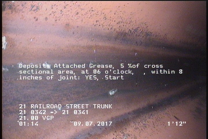 Deposits Attached Grease, 5 %of cross sectional area, at 06 o'clock, , within 8 inches of joint: YES, Start