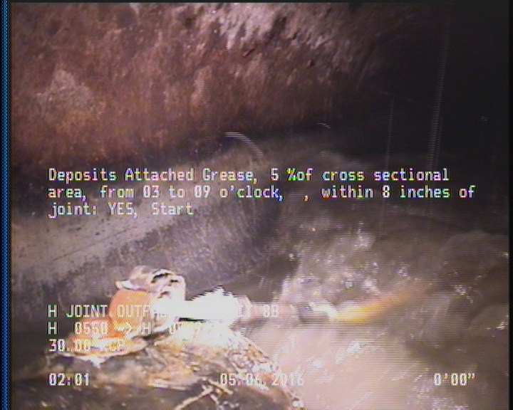 Deposits Attached Grease, 5 %of cross sectional area, from 03 to 09 o'clock, , within 8 inches of joint: YES, Start