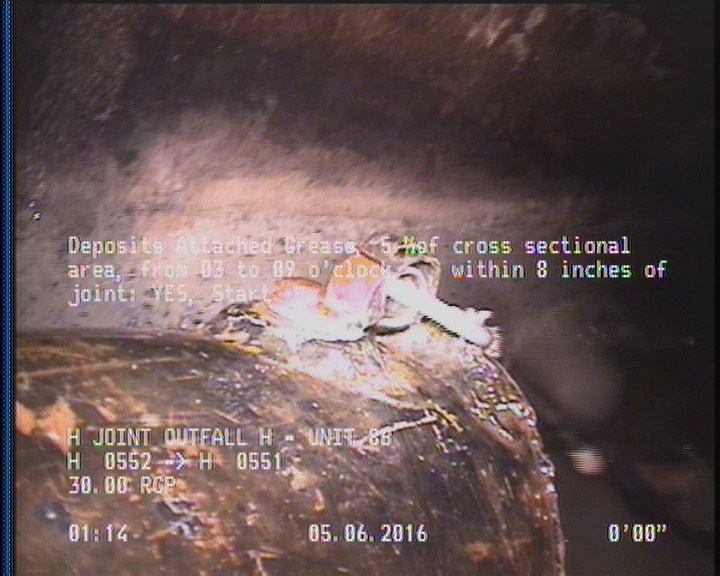 Deposits Attached Grease, 5 %of cross sectional area, from 03 to 09 o'clock, , within 8 inches of joint: YES, Start