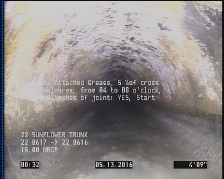 Deposits Attached Grease, 5 %of cross sectional area, from 04 to 08 o'clock, , within 8 inches of joint: YES, Start