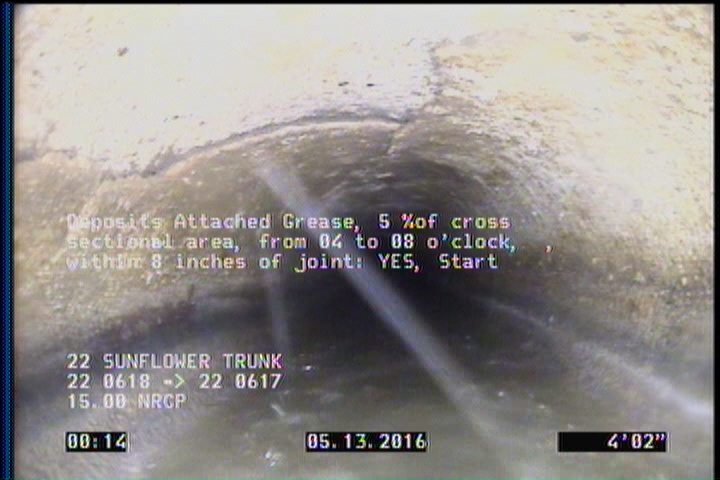 Deposits Attached Grease, 5 %of cross sectional area, from 04 to 08 o'clock, , within 8 inches of joint: YES, Start