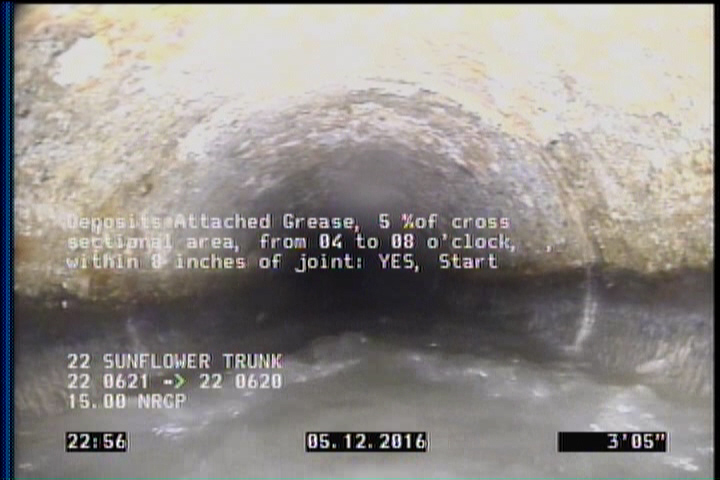 Deposits Attached Grease, 5 %of cross sectional area, from 04 to 08 o'clock, , within 8 inches of joint: YES, Start