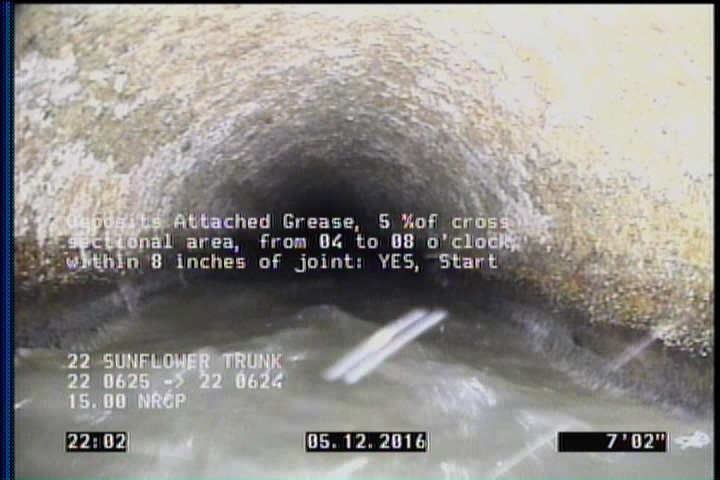 Deposits Attached Grease, 5 %of cross sectional area, from 04 to 08 o'clock, , within 8 inches of joint: YES, Start