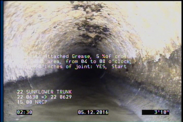 Deposits Attached Grease, 5 %of cross sectional area, from 04 to 08 o'clock, , within 8 inches of joint: YES, Start