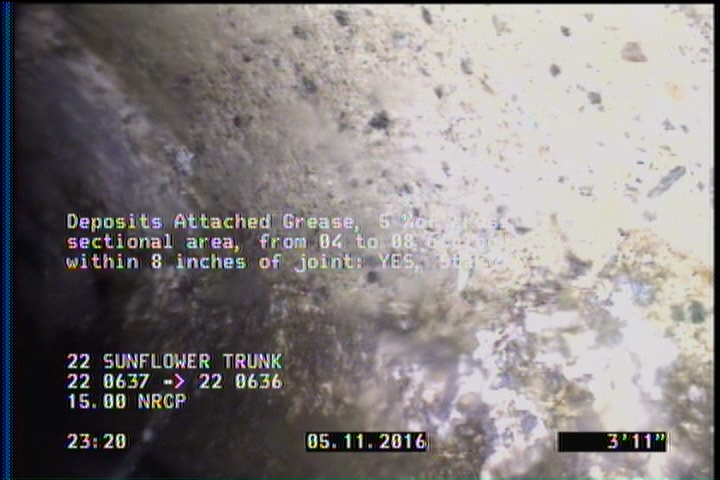 Deposits Attached Grease, 5 %of cross sectional area, from 04 to 08 o'clock, , within 8 inches of joint: YES, Start