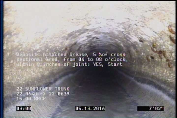 Deposits Attached Grease, 5 %of cross sectional area, from 04 to 08 o'clock, , within 8 inches of joint: YES, Start