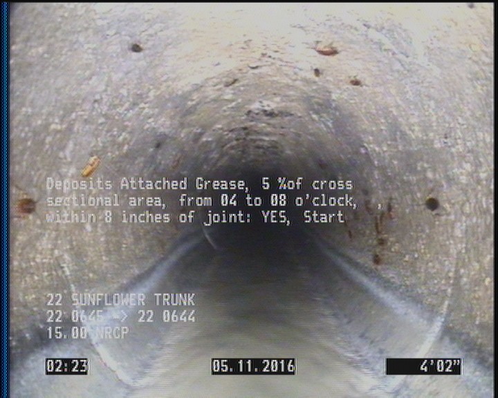 Deposits Attached Grease, 5 %of cross sectional area, from 04 to 08 o'clock, , within 8 inches of joint: YES, Start