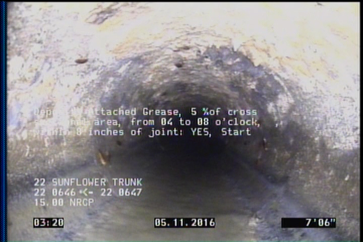 Deposits Attached Grease, 5 %of cross sectional area, from 04 to 08 o'clock, , within 8 inches of joint: YES, Start