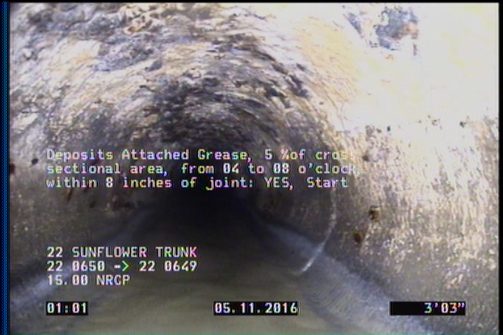 Deposits Attached Grease, 5 %of cross sectional area, from 04 to 08 o'clock, , within 8 inches of joint: YES, Start