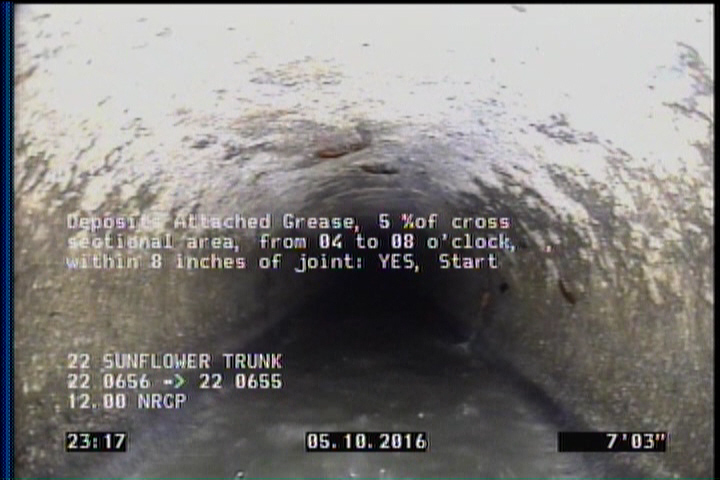 Deposits Attached Grease, 5 %of cross sectional area, from 04 to 08 o'clock, , within 8 inches of joint: YES, Start