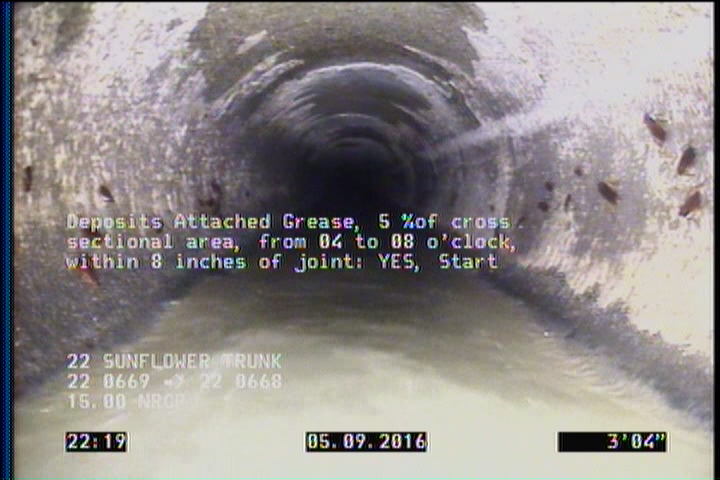 Deposits Attached Grease, 5 %of cross sectional area, from 04 to 08 o'clock, , within 8 inches of joint: YES, Start