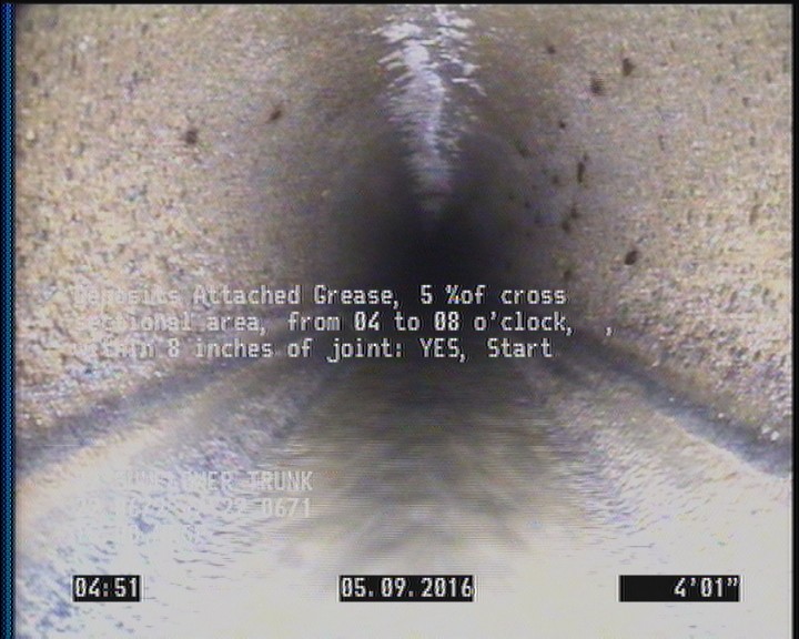 Deposits Attached Grease, 5 %of cross sectional area, from 04 to 08 o'clock, , within 8 inches of joint: YES, Start