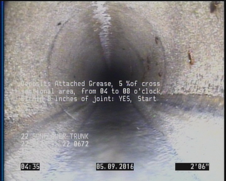 Deposits Attached Grease, 5 %of cross sectional area, from 04 to 08 o'clock, , within 8 inches of joint: YES, Start
