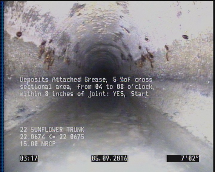 Deposits Attached Grease, 5 %of cross sectional area, from 04 to 08 o'clock, , within 8 inches of joint: YES, Start