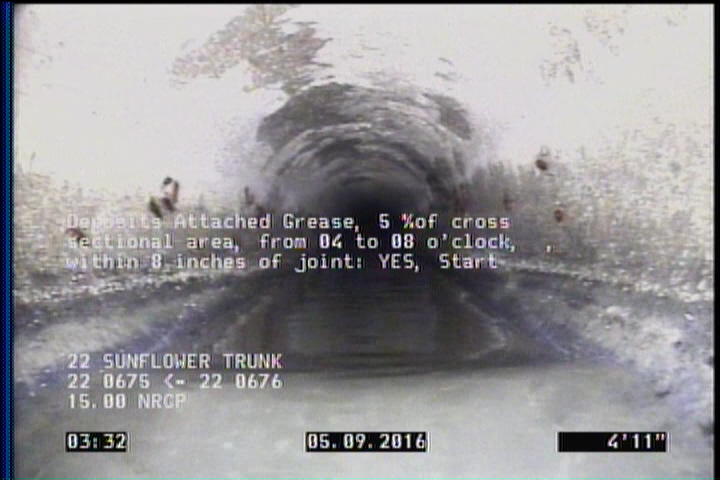 Deposits Attached Grease, 5 %of cross sectional area, from 04 to 08 o'clock, , within 8 inches of joint: YES, Start