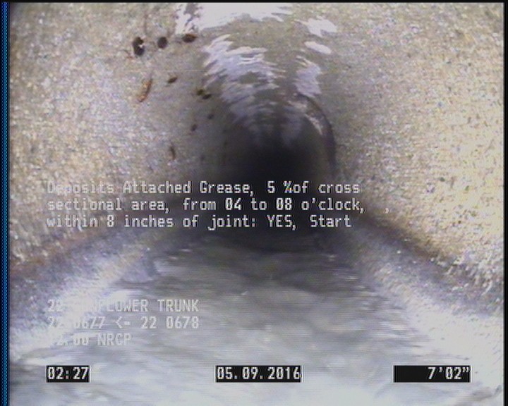 Deposits Attached Grease, 5 %of cross sectional area, from 04 to 08 o'clock, , within 8 inches of joint: YES, Start