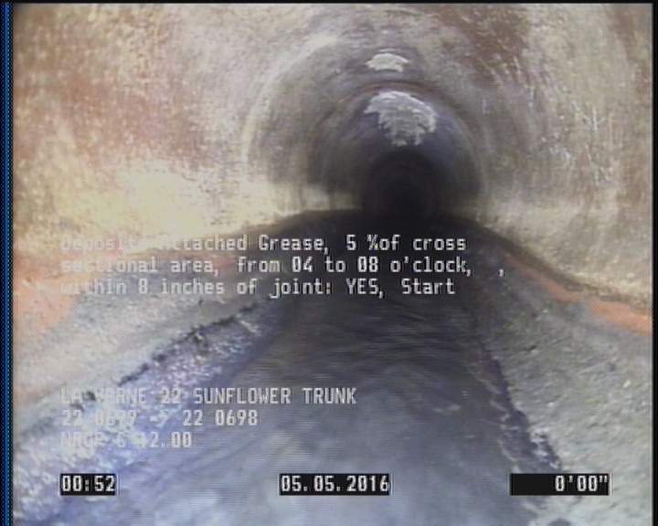 Deposits Attached Grease, 5 %of cross sectional area, from 04 to 08 o'clock, , within 8 inches of joint: YES, Start