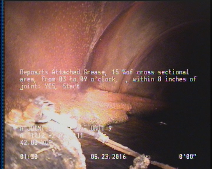 Deposits Attached Grease, 15 %of cross sectional area, from 03 to 09 o'clock, , within 8 inches of joint: YES, Start