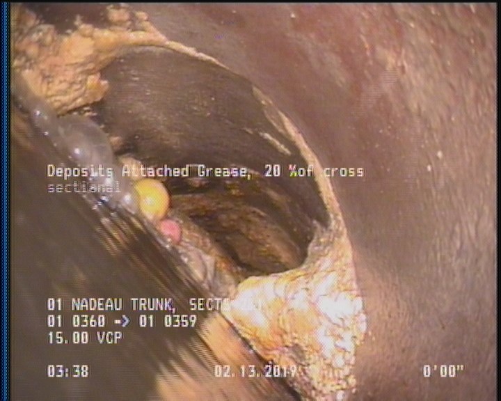 Deposits Attached Grease, 20 %of cross sectional area, from 09 to 03 o'clock, , within 8 inches of joint: YES