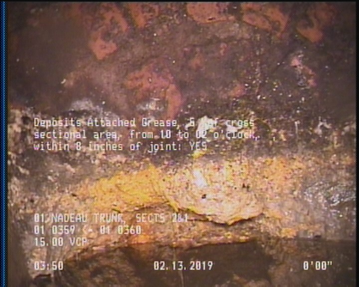 Deposits Attached Grease, 5 %of cross sectional area, from 10 to 02 o'clock, , within 8 inches of joint: YES