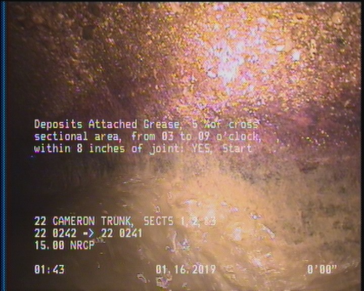 Deposits Attached Grease, 5 %of cross sectional area, from 03 to 09 o'clock, , within 8 inches of joint: YES, Start