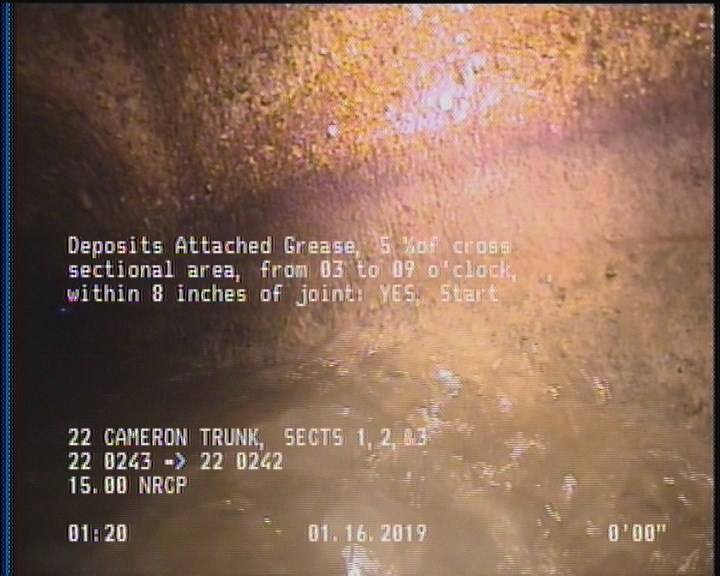Deposits Attached Grease, 5 %of cross sectional area, from 03 to 09 o'clock, , within 8 inches of joint: YES, Start