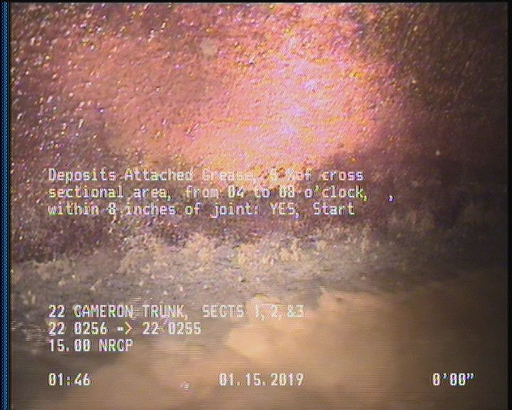 Deposits Attached Grease, 5 %of cross sectional area, from 04 to 08 o'clock, , within 8 inches of joint: YES, Start