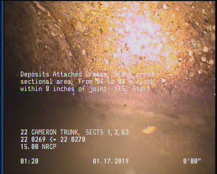 Deposits Attached Grease, 5 %of cross sectional area, from 04 to 08 o'clock, , within 8 inches of joint: YES, Start