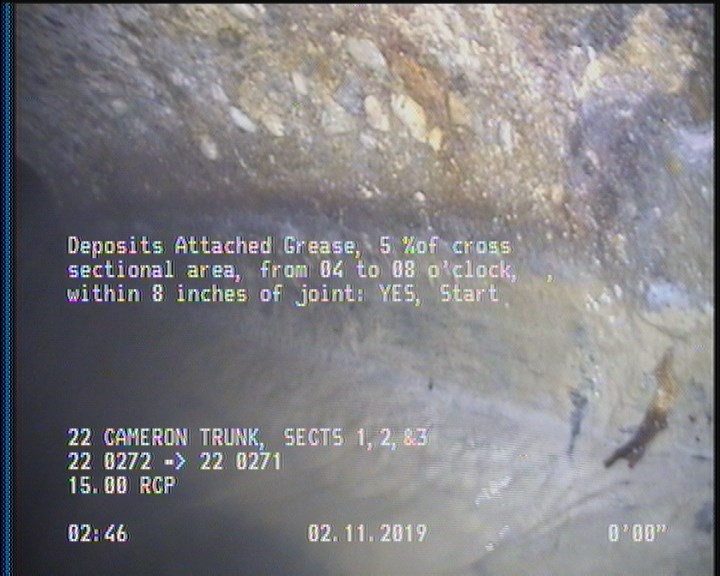 Deposits Attached Grease, 5 %of cross sectional area, from 04 to 08 o'clock, , within 8 inches of joint: YES, Start