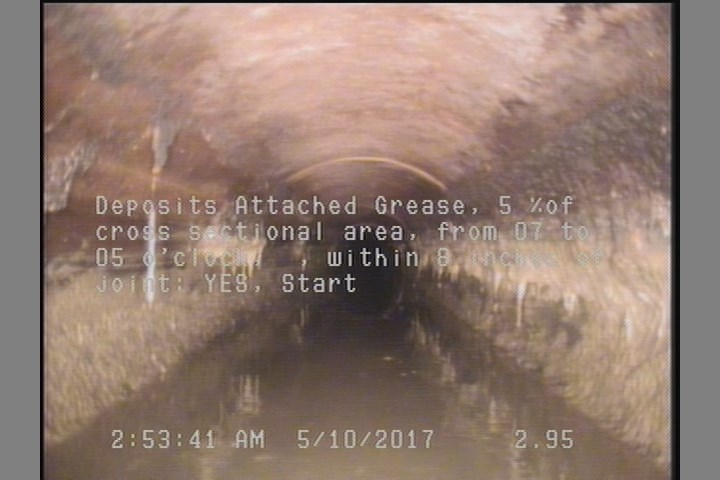 Deposits Attached Grease, 5 %of cross sectional area, from 07 to 05 o'clock, , within 8 inches of joint: YES, Start