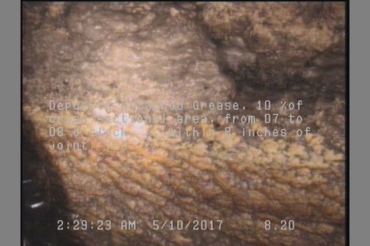 Deposits Attached Grease, 10 %of cross sectional area, from 07 to 08 o'clock, , within 8 inches of joint: YES