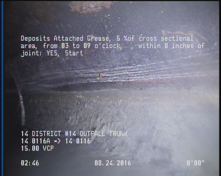 Deposits Attached Grease, 5 %of cross sectional area, from 03 to 09 o'clock, , within 8 inches of joint: YES, Start