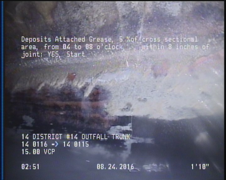 Deposits Attached Grease, 5 %of cross sectional area, from 04 to 08 o'clock, , within 8 inches of joint: YES, Start