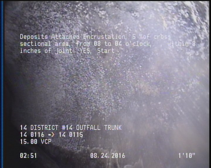 Deposits Attached Encrustation, 5 %of cross sectional area, from 08 to 04 o'clock, , within 8 inches of joint: YES, Start