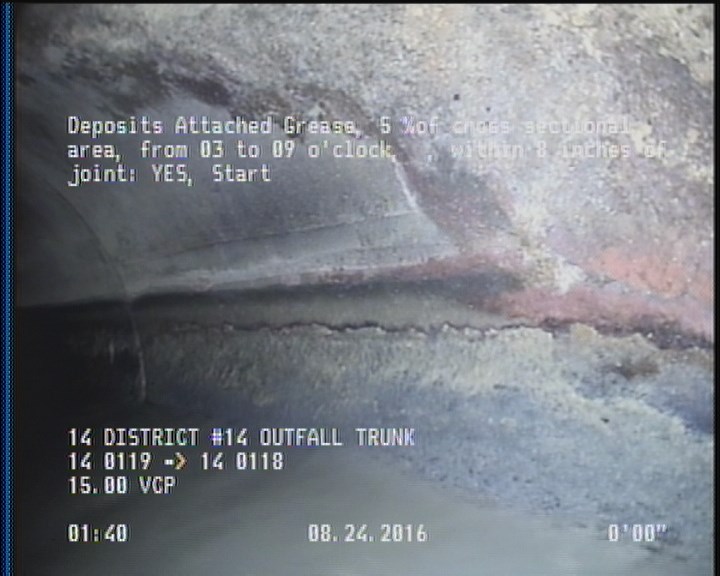 Deposits Attached Grease, 5 %of cross sectional area, from 03 to 09 o'clock, , within 8 inches of joint: YES, Start
