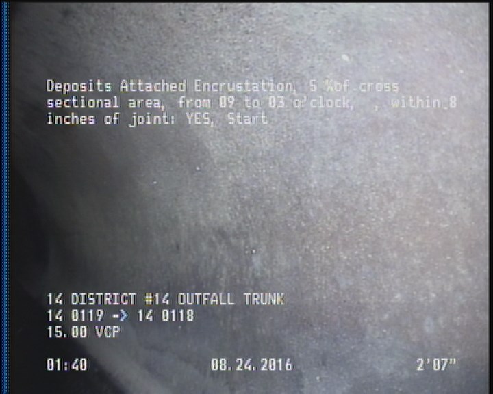 Deposits Attached Encrustation, 5 %of cross sectional area, from 09 to 03 o'clock, , within 8 inches of joint: YES, Start
