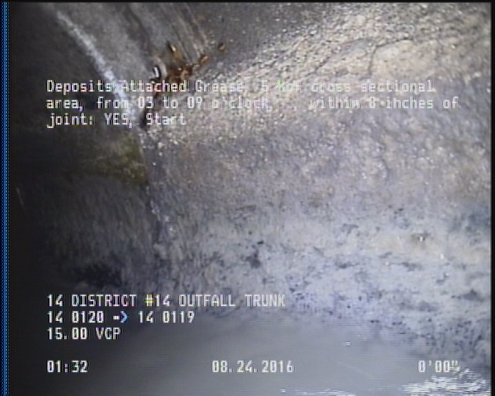 Deposits Attached Grease, 5 %of cross sectional area, from 03 to 09 o'clock, , within 8 inches of joint: YES, Start