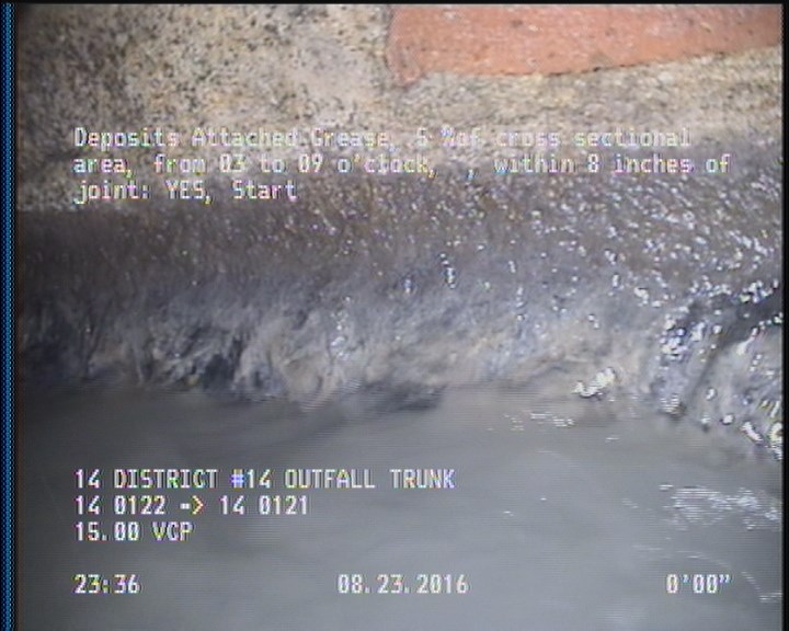 Deposits Attached Grease, 5 %of cross sectional area, from 03 to 09 o'clock, , within 8 inches of joint: YES, Start