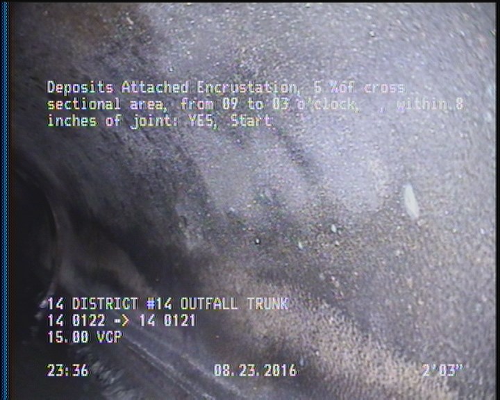 Deposits Attached Encrustation, 5 %of cross sectional area, from 09 to 03 o'clock, , within 8 inches of joint: YES, Start