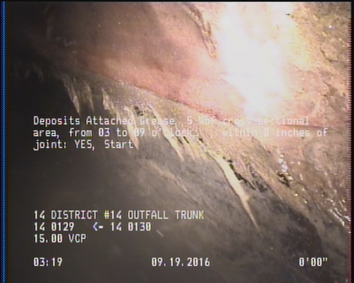 Deposits Attached Grease, 5 %of cross sectional area, from 03 to 09 o'clock, , within 8 inches of joint: YES, Start
