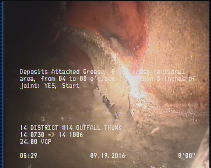 Deposits Attached Grease, 5 %of cross sectional area, from 04 to 08 o'clock, , within 8 inches of joint: YES, Start