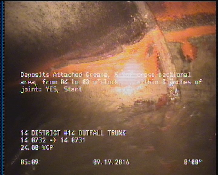 Deposits Attached Grease, 5 %of cross sectional area, from 04 to 08 o'clock, , within 8 inches of joint: YES, Start