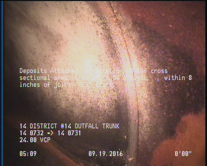 Deposits Attached Encrustation, 5 %of cross sectional area, from 08 to 04 o'clock, , within 8 inches of joint: YES, Start