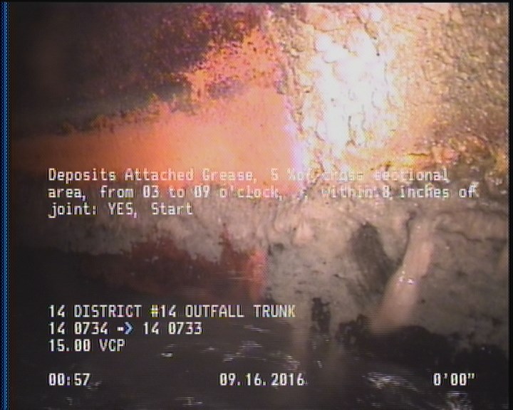 Deposits Attached Grease, 5 %of cross sectional area, from 03 to 09 o'clock, , within 8 inches of joint: YES, Start